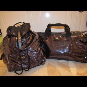 travel set, duffel bag and drawstring backpack